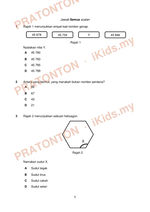 Pratonton muka 1 lembaran Percubaan UPSR 2018 — Matematik Kertas 1 — Matematik Tahun 6