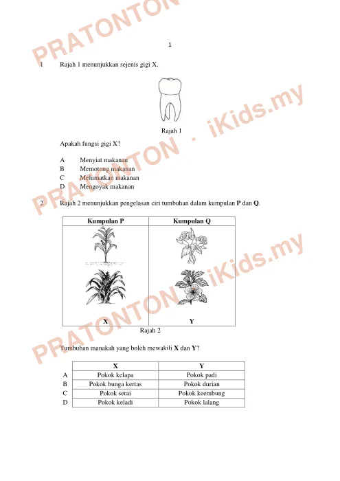 Pratonton muka 1 lembaran Percubaan UPSR 2018 — Sains Kertas 1 — Sains Tahun 6