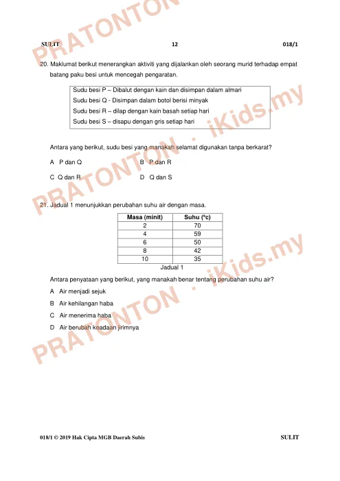 Pratonton muka 12 lembaran Percubaan UPSR 2019 Daerah Subis — Sains Kertas 1 — Sains Tahun 6