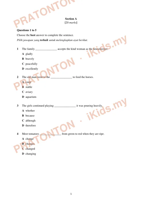 Pratonton muka 1 lembaran Percubaan UPSR — Bahasa Inggeris Pemahaman (013) — Bahasa Inggeris Tahun 6