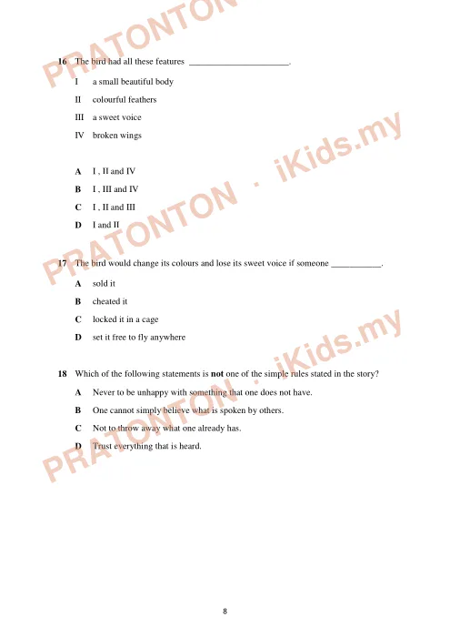 Pratonton muka 8 lembaran Percubaan UPSR — Bahasa Inggeris Pemahaman (013) — Bahasa Inggeris Tahun 6