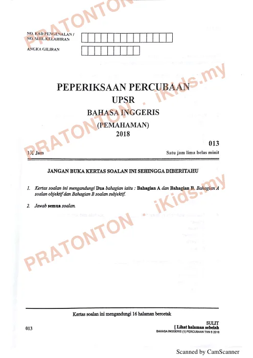 Pratonton muka 1 lembaran Percubaan UPSR Kelantan 2018 — Bahasa Inggeris Pemahaman — Bahasa Inggeris Tahun 6