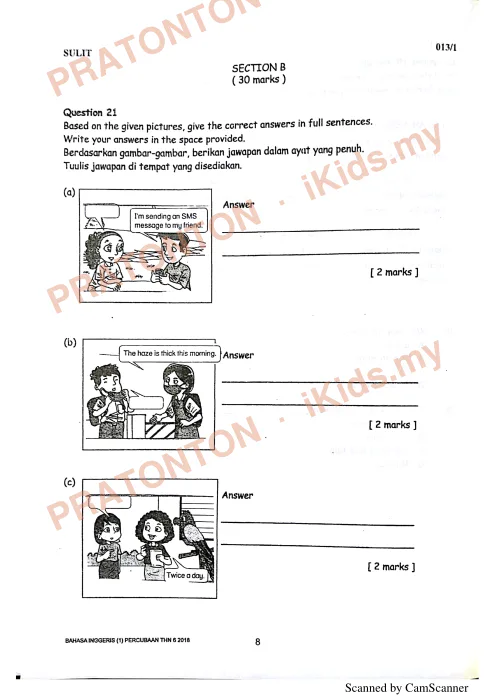 Pratonton muka 8 lembaran Percubaan UPSR Kelantan 2018 — Bahasa Inggeris Pemahaman — Bahasa Inggeris Tahun 6