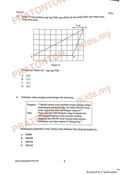 Pratonton muka 8 lembaran Percubaan UPSR Kelantan 2018 — Matematik Kertas 1 — Matematik Tahun 6