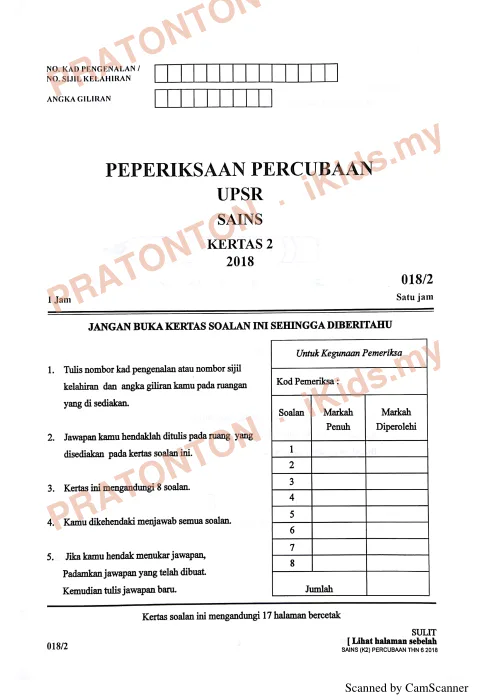 Pratonton muka 1 lembaran Percubaan UPSR Kelantan 2018 — Sains Kertas 2 — Sains Tahun 6