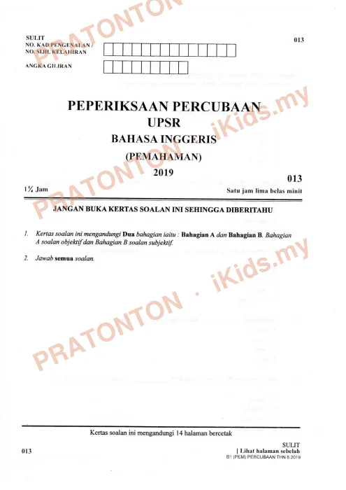 Pratonton muka 1 lembaran Percubaan UPSR Kelantan 2019 — Bahasa Inggeris Pemahaman — Bahasa Inggeris Tahun 6