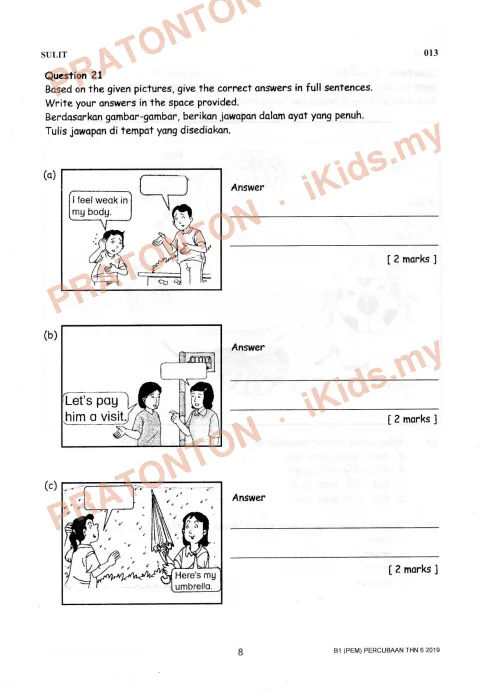 Pratonton muka 8 lembaran Percubaan UPSR Kelantan 2019 — Bahasa Inggeris Pemahaman — Bahasa Inggeris Tahun 6