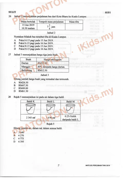 Pratonton muka 7 lembaran Percubaan UPSR Kelantan 2019 — Matematik Kertas 1 — Matematik Tahun 6