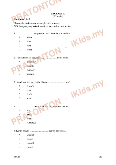 Pratonton muka 1 lembaran Percubaan UPSR Kota Tinggi 2019 — Bahasa Inggeris Pemahaman (Set 1) — Bahasa Inggeris Tahun 6