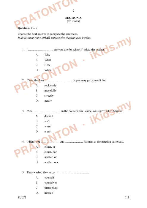 Pratonton muka 1 lembaran Percubaan UPSR Kota Tinggi 2019 — Bahasa Inggeris Pemahaman (Set 2) — Bahasa Inggeris Tahun 6