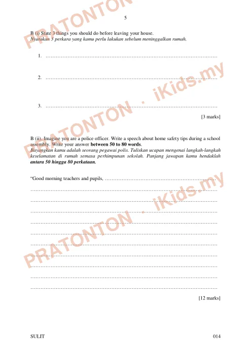 Pratonton muka 4 lembaran Percubaan UPSR Kota Tinggi 2019 — Bahasa Inggeris Penulisan (Set 1) — Bahasa Inggeris Tahun 6