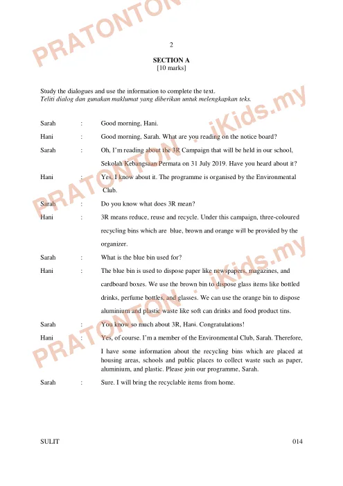 Pratonton muka 1 lembaran Percubaan UPSR Kota Tinggi 2019 — Bahasa Inggeris Penulisan (Set 2) — Bahasa Inggeris Tahun 6