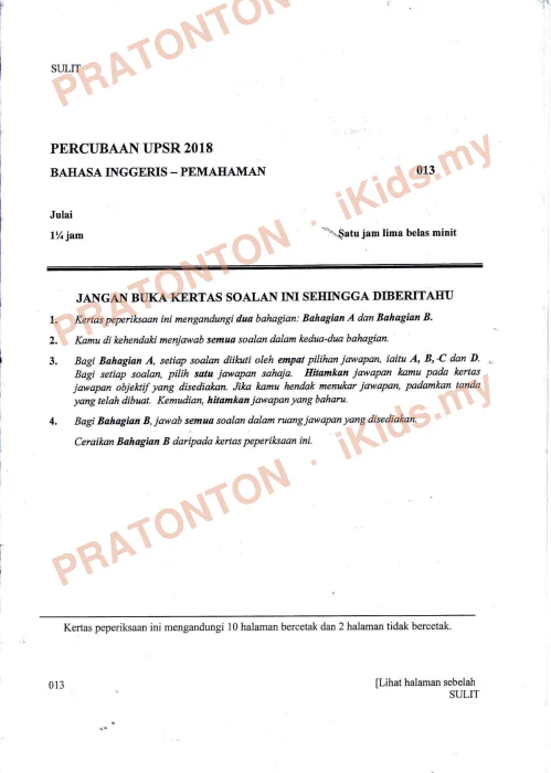 Pratonton muka 1 lembaran Percubaan UPSR Melaka 2018 — Bahasa Inggeris Pemahaman Bahagian A — Bahasa Inggeris Tahun 6
