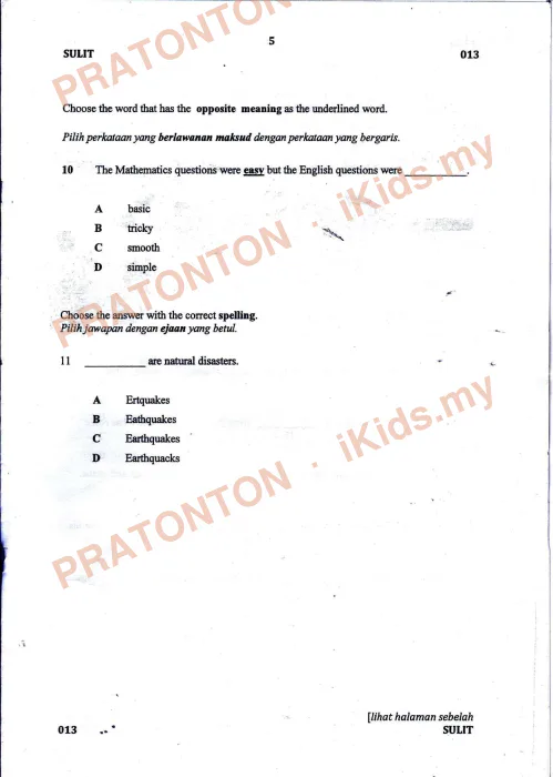 Pratonton muka 5 lembaran Percubaan UPSR Melaka 2018 — Bahasa Inggeris Pemahaman Bahagian A — Bahasa Inggeris Tahun 6
