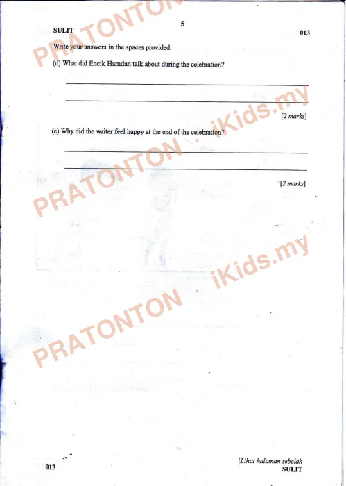 Pratonton muka 5 lembaran Percubaan UPSR Melaka 2018 — Bahasa Inggeris Pemahaman Bahagian B — Bahasa Inggeris Tahun 6