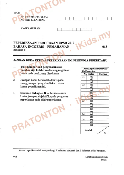 Pratonton muka 1 lembaran Percubaan UPSR Melaka 2019 — Bahasa Inggeris Pemahaman Bahagian B — Bahasa Inggeris Tahun 6