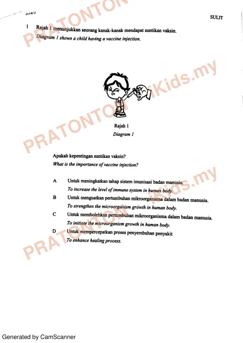 Pratonton muka 1 lembaran Percubaan UPSR Melaka 2019 — Sains Kertas 1 — Sains Tahun 6