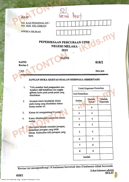 Pratonton muka 1 lembaran Percubaan UPSR Melaka 2019 — Sains Kertas 2 — Sains Tahun 6