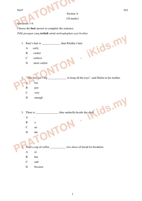 Pratonton muka 1 lembaran Percubaan UPSR Perak — Bahasa Inggeris Pemahaman — Bahasa Inggeris Tahun 6