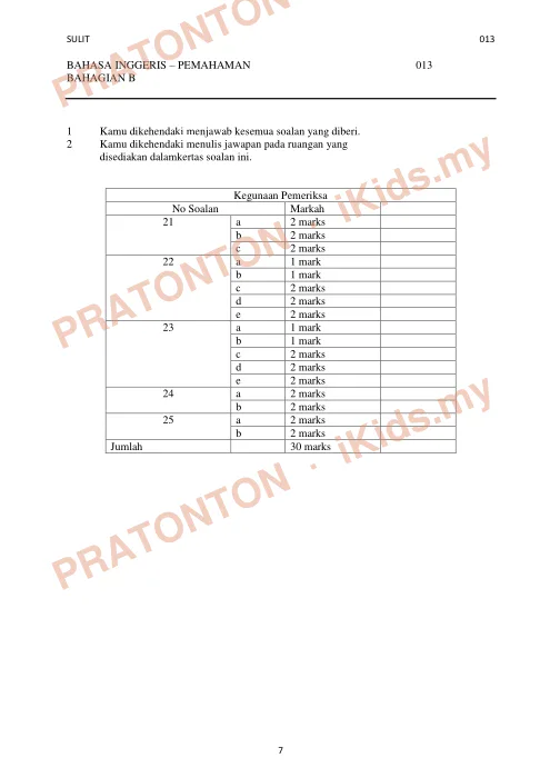 Pratonton muka 7 lembaran Percubaan UPSR Perak — Bahasa Inggeris Pemahaman — Bahasa Inggeris Tahun 6