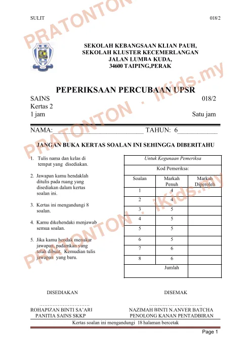 Pratonton muka 1 lembaran Percubaan UPSR Perak — Sains Kertas 2 — Sains Tahun 6
