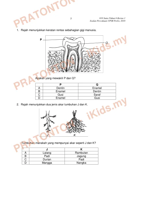 Pratonton muka 1 lembaran Percubaan UPSR Perlis 2018 — Sains Kertas 1 — Sains Tahun 6