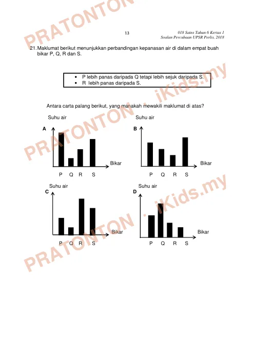 Pratonton muka 12 lembaran Percubaan UPSR Perlis 2018 — Sains Kertas 1 — Sains Tahun 6