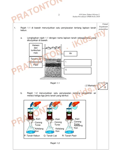 Pratonton muka 1 lembaran Percubaan UPSR Perlis 2018 — Sains Kertas 2 — Sains Tahun 6