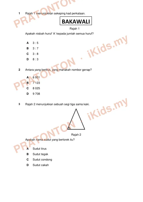 Pratonton muka 1 lembaran Percubaan UPSR Pulau Pinang 2019 — Matematik Kertas 1 — Matematik Tahun 6