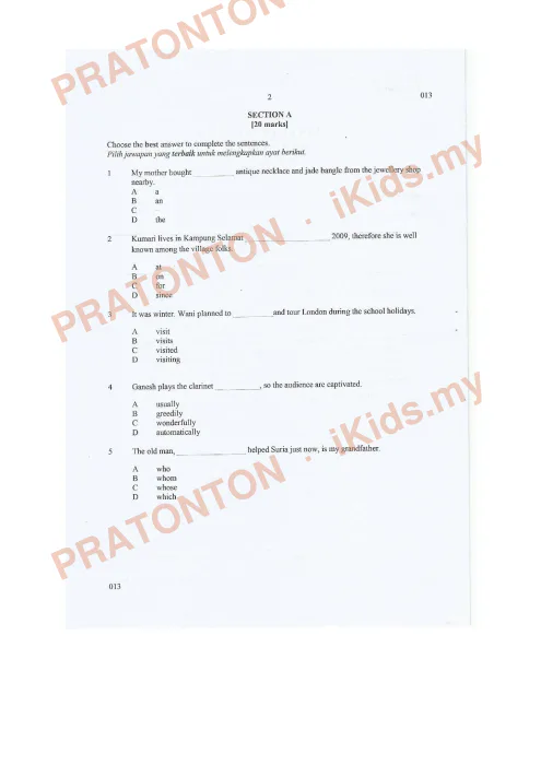 Pratonton muka 1 lembaran Percubaan UPSR Selangor 2018 — Bahasa Inggeris Pemahaman — Bahasa Inggeris Tahun 6