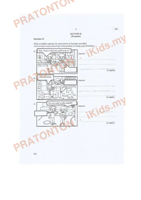 Pratonton muka 7 lembaran Percubaan UPSR Selangor 2018 — Bahasa Inggeris Pemahaman — Bahasa Inggeris Tahun 6