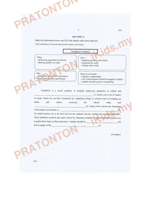 Pratonton muka 1 lembaran Percubaan UPSR Selangor 2018 — Bahasa Inggeris Penulisan — Bahasa Inggeris Tahun 6