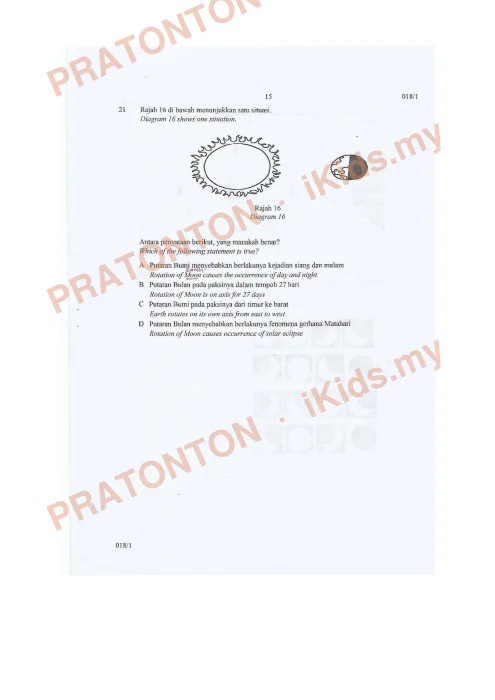 Pratonton muka 14 lembaran Percubaan UPSR Selangor 2018 — Sains Kertas 1 — Sains Tahun 6