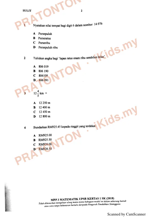 Pratonton muka 1 lembaran Percubaan UPSR Terengganu 2018 — Matematik Kertas 1 — Matematik Tahun 6