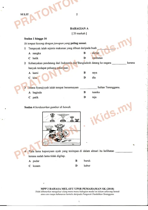 Pratonton muka 1 lembaran Percubaan UPSR Terengganu — Bahasa Melayu Pemahaman — Bahasa Melayu Tahun 6