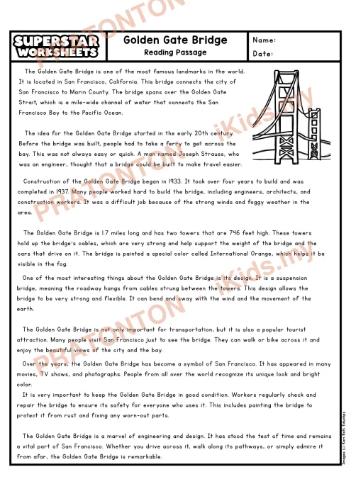 Pratonton muka 1 lembaran Petikan Kefahaman Bahasa Inggeris Tahun 5 — Golden Gate Bridge — Bahasa Inggeris Tahun 5