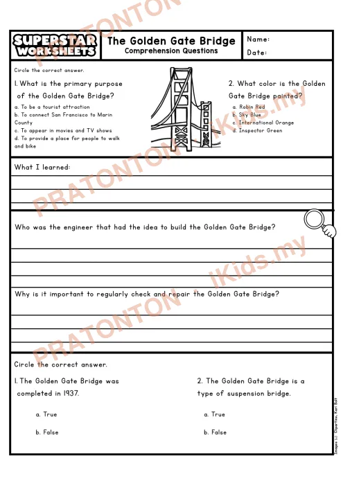 Pratonton muka 2 lembaran Petikan Kefahaman Bahasa Inggeris Tahun 5 — Golden Gate Bridge — Bahasa Inggeris Tahun 5