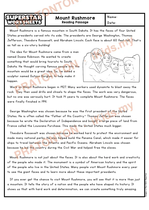 Pratonton muka 1 lembaran Petikan Kefahaman Bahasa Inggeris Tahun 5 — Mount Rushmore — Bahasa Inggeris Tahun 5