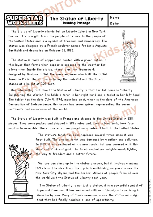 Pratonton muka 1 lembaran Petikan Kefahaman Bahasa Inggeris Tahun 5 — Statueof Liberty — Bahasa Inggeris Tahun 5