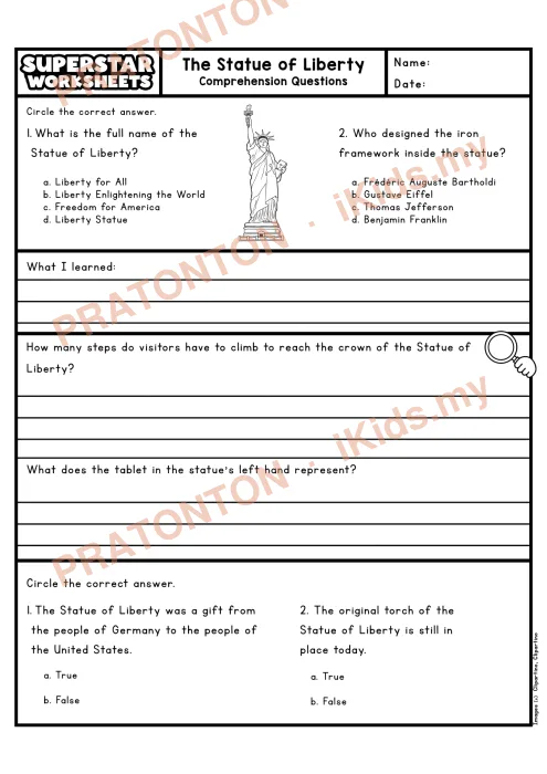 Pratonton muka 2 lembaran Petikan Kefahaman Bahasa Inggeris Tahun 5 — Statueof Liberty — Bahasa Inggeris Tahun 5