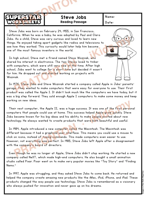 Pratonton muka 1 lembaran Petikan Kefahaman Bahasa Inggeris Tahun 5 — Steve Jobs — Bahasa Inggeris Tahun 5
