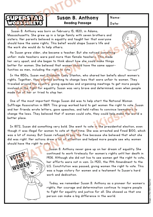 Pratonton muka 1 lembaran Petikan Kefahaman Bahasa Inggeris Tahun 5 — Susan B Anthony — Bahasa Inggeris Tahun 5