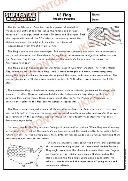 Pratonton muka 1 lembaran Petikan Kefahaman Bahasa Inggeris Tahun 5 — U S Flag — Bahasa Inggeris Tahun 5