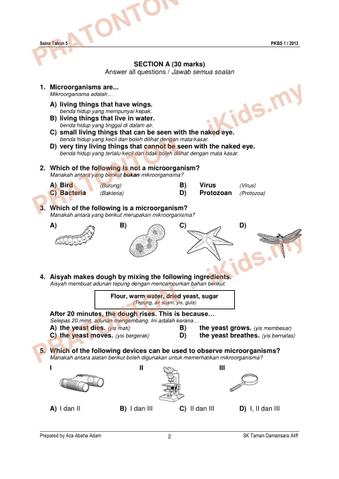 Pratonton muka 1 lembaran PKBS 1 2013 — Sains Tahun 5 (Bahasa Inggeris) — Sains Tahun 5