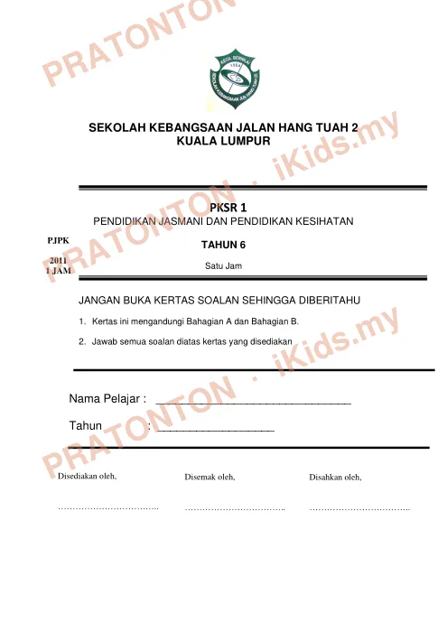 Pratonton muka 1 lembaran PKSR 1 SK Jalan Hang Tuah 2 — PJPK Tahun 6 — Pendidikan Kesihatan Tahun 6