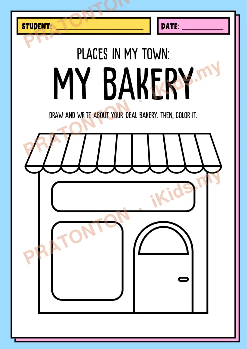 Pratonton muka 1 lembaran Places in My Town Drawing And Coloring Worksheet in Blue Pink Cute Style — Mewarna Anak Istimewa