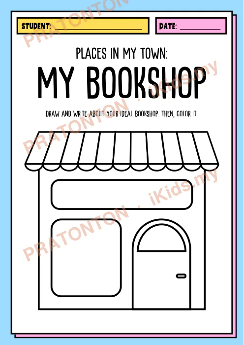 Pratonton muka 4 lembaran Places in My Town Drawing And Coloring Worksheet in Blue Pink Cute Style — Mewarna Anak Istimewa