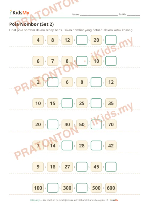 Pratonton muka 1 lembaran Pola Nombor (Set 2) — Matematik Tahun 1