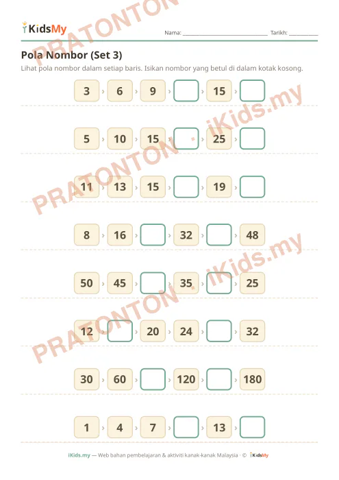 Pratonton muka 1 lembaran Pola Nombor (Set 3) — Matematik Tahun 2