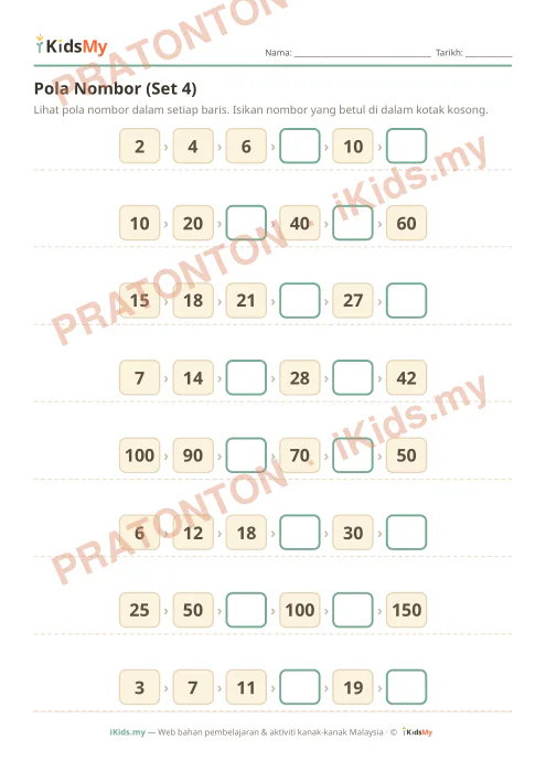 Pratonton muka 1 lembaran Pola Nombor (Set 4) — Matematik Tahun 2